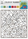 Vector forest color by number activity with fir trees, river, sun and bird red fish. Summer road trip coloring and counting game.