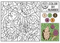 Vector forest color by number activity with hedgehog, butterfly and mushroom. Autumn woodland counting game with cute animal.