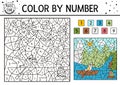 Vector forest color by number activity with trees, mountains, river waterfall and bird in a boat. Summer road trip coloring and