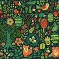 Vector forest design, floral seamless pattern with forest animals: frog, fox, owl, rabbit, hedgehog. Vector background