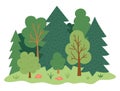 Vector forest landscape. Environment friendly concept with trees, flowers and bushes. Ecological or outdoor camping illustration.