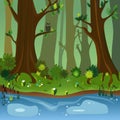 Vector forest scene, landscape. Cartoon flat panorama of spring or summer nature, green grasslands meadow with flowers, forest, bl Royalty Free Stock Photo