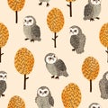 Vector forest seamless pattern with cute watercolor owls and trees.