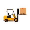 Vector forklift truck with lifted cardboard box