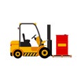 Vector forklift truck with lifted red barrel