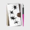Vector fountain pen, fountain pen on notepad and Black ink paint spots. Realistic style illustrated Royalty Free Stock Photo