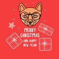 Vector Fox character with glasses. Merry Christmas. Card with cute animal head isolated on red. Holiday hand drawn Royalty Free Stock Photo