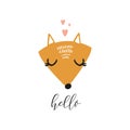 Vector fox face with phrase hello. Cute hand drawn illustration