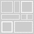 Vector frame border. Blank rectangle and square postage stamps, with a shadow isolated on gray background.