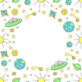 Vector frame, border from cute aliens, planets, stars, Flying Saucers, UFO. Funny color background, decoration