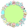 Vector frame, border, wreath from color traditional Easter elements: ornamental eggs, bunnies, cakes, flowers, bows