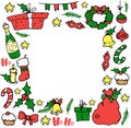 Vector frame for Christmas. square frame made of doodle elements Santa`s bag, champagne, holly, candles, bells, wreath, stars in Royalty Free Stock Photo