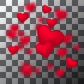 Vector frame of falling small sparkling red hearts on Effect transparent background. Vector confetti falling from red Royalty Free Stock Photo