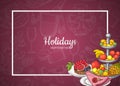 Vector frame with food plates on background of hand drawn restaurant