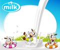 Vector frame with milk splash, funny cow swimming Royalty Free Stock Photo