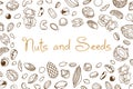 Vector frame, packaging design of nut and seed mix or snack. Walnut, peanut and sunflower seeds. Almond, pistachio