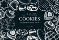 Vector frame with popular cookies sketches on chalkboard. Bakery shop background. Italian pastry, cookies with almond, chocolate,