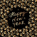 Vector frame of scattered golden xmas tree balls in doodle flat style. Happy New Year lettering. Festive poster Royalty Free Stock Photo