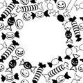 Vector frame of scattered outline flat candies in different wrappers in style of Halloween. Black and white Royalty Free Stock Photo