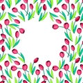 Vector frame of scattered red bright tulips. Spring flowers. Hand drawn border, decoration for greeting card Royalty Free Stock Photo