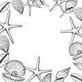 Vector frame with shells, starfish. Hand painted line opened oyster seashell with pearl. Graphic clip art isolated on