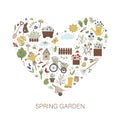 Vector frame with springy garden tools, flowers, herbs, plants. Gardening elements banner or party invitation