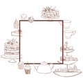 Vector frame with teapot, cups and cakes.
