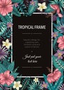 Vector frame template with tropical green leaves and purple flowers on black background. Vertical layout card with place for text Royalty Free Stock Photo