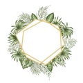 Vector frame template with tropical leaves and golden chain with white place for text Royalty Free Stock Photo