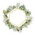 Vector frame template with tropical leaves, insects and golden chain with white place for text. Square layout card with place for