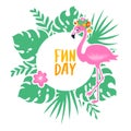Vector frame with tropical leaves, flowers and pink flamingo. F Royalty Free Stock Photo