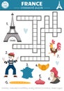 Vector France crossword puzzle for kids. Simple French quiz for children with traditional symbols. Educational activity with