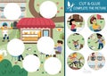 Vector France cut and glue activity. Crafting game with cute Paris city landscape, people, bakery. Fun printable worksheet for