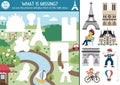 Vector France cut and glue activity. Crafting game with cute Paris city landscape, people, Eiffel Tower. Fun printable worksheet