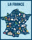 Vector France map. Cartoon postcard with French places of interest, cities, symbols. Touristic attraction background or card