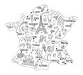 Vector France map. Cartoon postcard with French places of interest, cities, symbols. Touristic attraction black and white