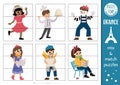 Vector France mix and match puzzle with cute characters. Matching activity for preschool kids with French people. Educational
