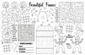 Vector France placemat for kids. French printable activity mat with maze, tic tac toe chart, connect the dots, find difference.