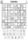 Vector France sudoku puzzle for kids with pictures. Simple black and white French quiz with cut and glue elements. Education