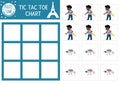 Vector France tic tac toe chart with boy with baguette and pigeon. Board game playing field. Funny French printable worksheet.