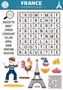 Vector France word search puzzle for kids. Simple French word search quiz for children with traditional symbols. Cultural