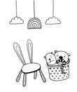 Vector free hand drawn set of baby chair and basket with tots