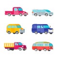 Vector freight trucks and minivans set in half isometric flat style Royalty Free Stock Photo