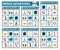 Vector French bingo cards set. Fun lotto board game with cute Eiffel Tower, croissant, baguette for kids. Lottery activity with