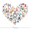 Vector French heart shaped frame with people, animals, Eiffel tower, traditional symbols. Touristic France card template design.