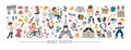 Vector French horizontal frame with people, animals, Eiffel tower, traditional symbols. Touristic France card template design for