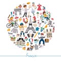 Vector French round frame with people, animals, Eiffel tower, traditional symbols. Touristic France card template design for