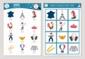 Vector French scavenger hunt cards set. Seek and find game with cute Eiffel Tower, croissant, baguette for kids. Searching