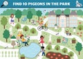 Vector French searching game with city landscape, park, people, animals. Spot hidden pigeons in the picture. Simple France seek