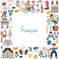 Vector French square frame with people, animals, Eiffel tower, traditional symbols. Touristic France card template design for